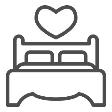 Çift kişilik yatak ve yastık çizgisi ikonu. Kalp şeklinde sembollü mobilyalar, beyaz arka planda ana hatlı resim. Taşınabilir konsept için Sevgililer Günü tabelası, web tasarımı. Vektör grafikleri.