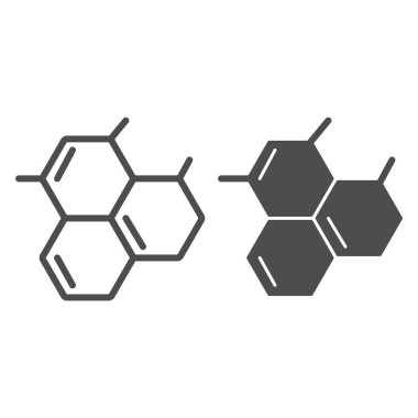 Moleküler model çizgisi ve sembol. Biyoloji hücresi ya da molekül ızgara sembolü, beyaz arkaplanda ana hatlı resim. Mobil konsept ve web tasarımı için tıp veya kimya işareti. Vektör grafikleri.