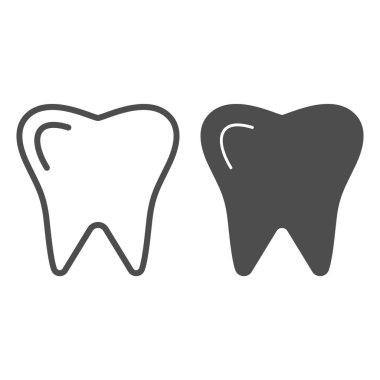 Sağlıklı diş çizgisi ve sembol. Diş sağlığı sembolü, beyaz arka planda ana hatlı resim. Mobil konsept ve web tasarımı için tıp ya da dişçilik imzası. Vektör grafikleri.