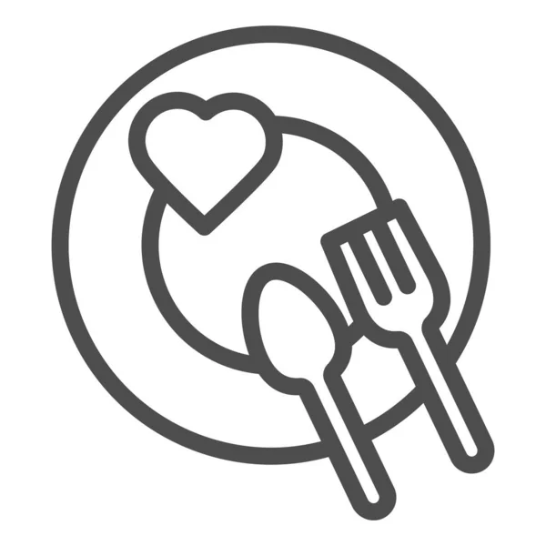 Romantisches Teller-Line-Symbol. Herz auf Teller mit Gabel- und Löffelsymbol, Umrisspiktogramm auf weißem Hintergrund. Valentinstagsschild für mobiles Konzept oder Webdesign. Vektorgrafik. — Stockvektor