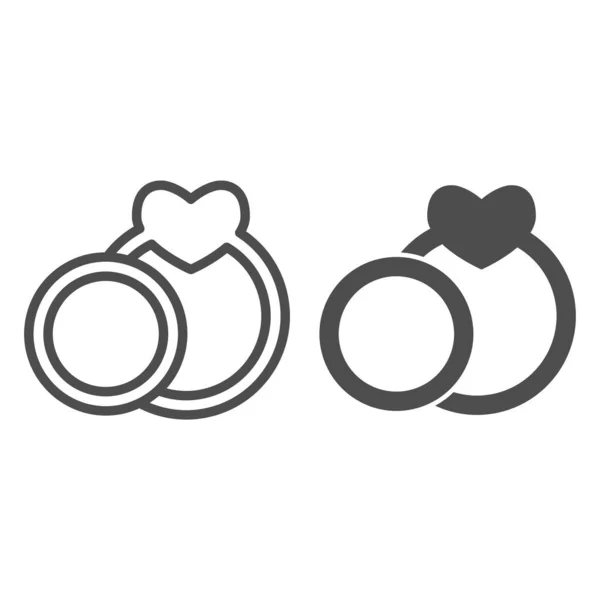 2つのウェディングリングラインとソリッドアイコン。ハート型のシンボルを持つカップルの婚約指輪、白い背景にアウトラインスタイルのピクトグラム。モバイルコンセプト、ウェブデザインのためのバレンタインデーのサイン。ベクトルグラフィックス. — ストックベクタ
