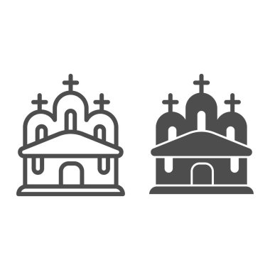 Kilise çizgisi ve sağlam bir ikon. İnanç Evi beyaz arka planda resim çizimi tarzında. Paskalya Bayramı Hristiyan binası taşınabilir konsept ve web tasarımı için. Vektör grafikleri.