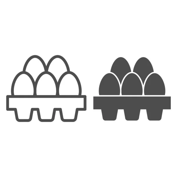 Embalagem de linha de ovos frescos e ícone sólido. Cinco ovos em embalagem de papelão esboço estilo pictograma no fundo branco. Ovos de galinha em caixa de bandeja de cartão para conceito móvel e web design. Gráficos vetoriais . — Vetor de Stock