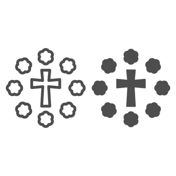 Хрест і квіти лінія і тверда ікона. Квіткова прикраса овальна навколо християнського розп'яття контурна піктограма стилю на білому тлі. Щасливого Великодня для мобільних концепцій та веб-дизайну. Векторна графіка . — стоковий вектор
