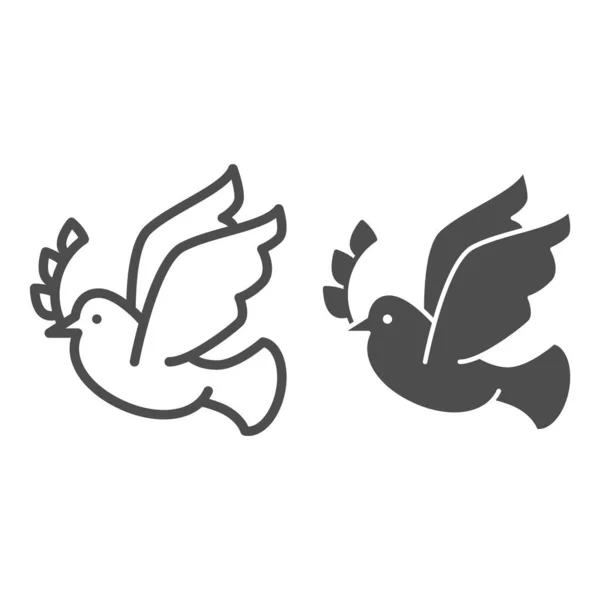 Paloma con línea de rama de corona e icono sólido. La paloma lleva un pictograma estilo rama de olivo sobre fondo blanco. Pascua y pájaro paloma paz para el concepto móvil y el diseño web. Gráficos vectoriales . — Vector de stock
