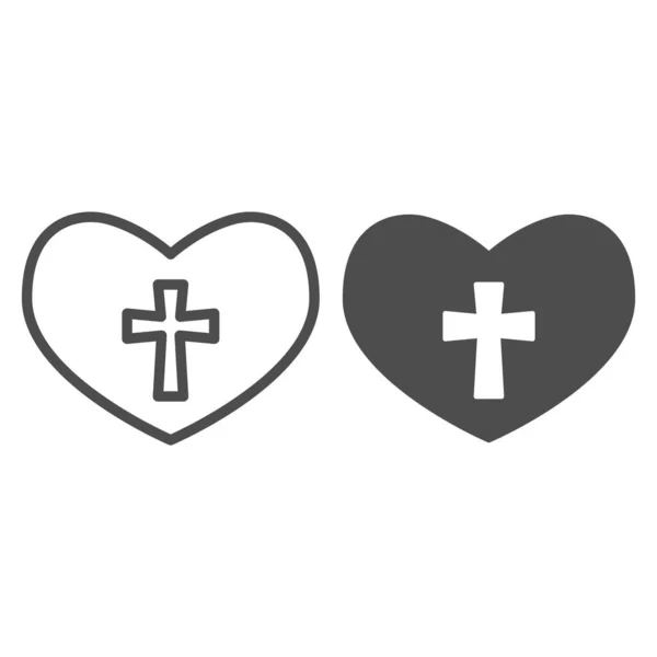 Hjärta med en tvärlinje och solid ikon. Christian crucifix i kärlek symbol skissera stil piktogram på vit bakgrund. Kärlek till Gud för mobila koncept och webbdesign. Vektorgrafik. — Stock vektor