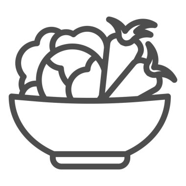 Tabak çizgisi ikonunda lahana ve havuç. Kasede sağlıklı sebzeler, beyaz arka planda resim çizimi. Mobil konsept ve web tasarımı için taze yeşiller. Vektör grafikleri.