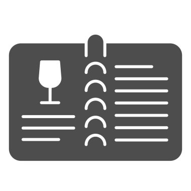 Değerli şarap menüsü ya da şarap kitabı simgesi. Alkol bardaklı menü ve beyaz arka planda glifli resim. Mobil konsept ve web tasarımı için şaraphane tabelaları. Vektör grafikleri.