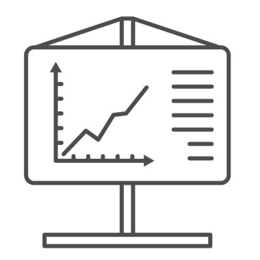 Flipchart ince çizgi simgesi. Görsel yardım sunumu ve tablo sembolü, beyaz arka planda ana hatlı resim çizimi. Mobil konsept ve web tasarımı için iş tabelası. Vektör grafikleri.