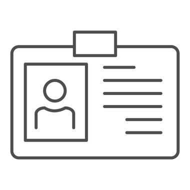 Kişi kimliği ince çizgi simgesi. Geçiş ve çıkış sembolü için rozet, beyaz arkaplanda taslak biçiminde resim. Mobil konsept ve web tasarımı için iş tabelası. Vektör grafikleri.