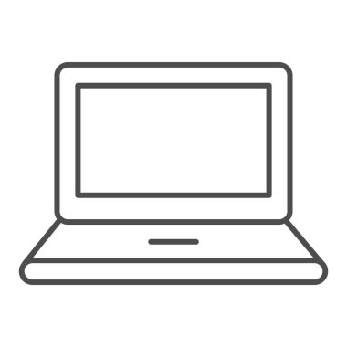 Laptop ince çizgi simgesi. Taşınabilir bilgisayar, not defteri aygıtı sembolü, beyaz arkaplanda ana hatlı resim çizimi. Mobil konsept ve web tasarımı için teknoloji ya da iş tabelası. Vektör grafikleri.