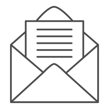 Açık zarf ince çizgi simgesi. Kağıt sayfa sembollü posta mektubu, beyaz arkaplanda ana hatlı resim çizimi. Mobil konsept ve web tasarımı için posta veya iş tabelası. Vektör grafikleri.