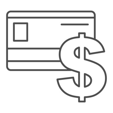 Banka kredi kartı ince çizgi simgesi. Manyetik bantlı ve dolar sembollü plastik anahtar, beyaz arka planda ana hatlı resim. Mobil konsept ve web tasarımı için finansal tabela. Vektör grafikleri.