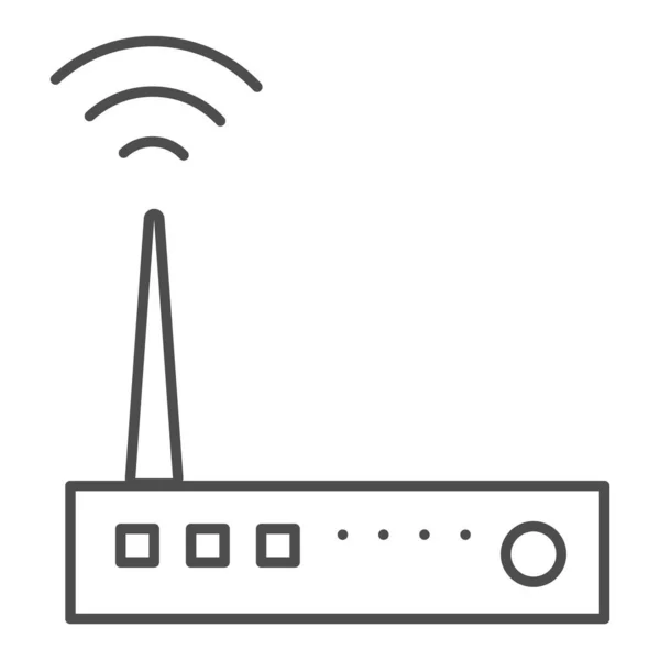 Ikona cienkiej linii routera. Urządzenie WiFi z symbolem anteny, piktogram w stylu konturu na białym tle. Znak sieci lub technologii dla koncepcji mobilnej i projektowania stron internetowych. Grafika wektorowa. — Wektor stockowy