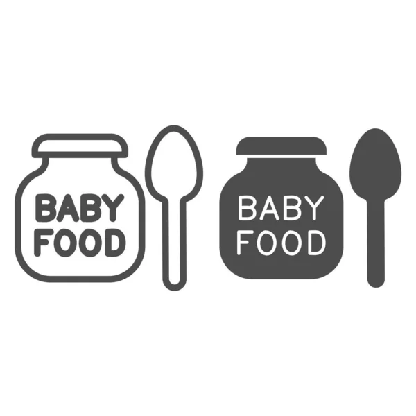 Baby food line and solid icon. Baby puree in glass jar with small spoon outline style pictogram on white background. Childrens nutrition smoothies for mobile concept and web design. Vector graphics. — Stock Vector
