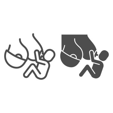 Emzirme hattı ve sağlam bir ikon. Anne, beyaz arka planda çocuk taslak resim çizer. Mobil konsept ve web tasarımı için emzirme ve annelik belirtileri. Vektör grafikleri.