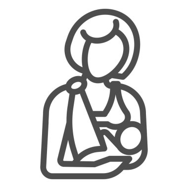 Anne çocuk çizgi ikonunu besliyor. Kadın, beyaz arka planda bebek siluetini besliyordu. Mobil konsept ve web tasarımı için emzirme işaretleri. Vektör grafikleri.