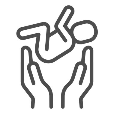 Eller ve bebek çizgisi ikonu. İki el, beyaz arka planda bebeğin taslak şeklindeki resmini doğru bir şekilde tutar. Mobil konsept ve web tasarımı için bebek bakımı tabelaları. Vektör grafikleri.