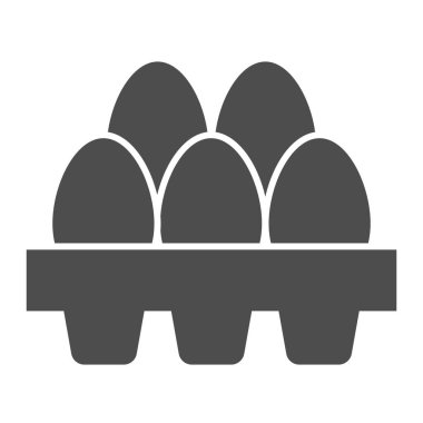 Taze yumurta ambalajı katı bir ikon. Beyaz arka planda karton ambalaj kabartmalı beş yumurta. Mobil konsept ve web tasarımı için karton kutu içinde tavuk yumurtası. Vektör grafikleri.