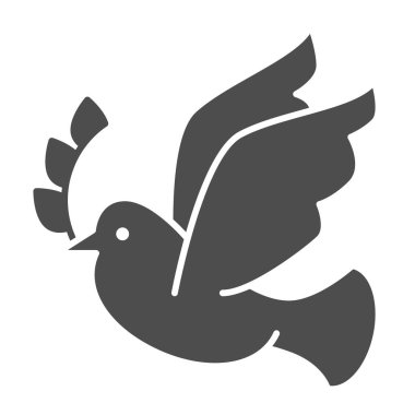 Üzerinde çelenk dalı olan bir güvercin. Güvercin, beyaz arka planda zeytin dalı şeklinde bir resim taşıyor. Paskalya ve kuş gezici konsept ve web tasarımı için barışı sağladı. Vektör grafikleri.