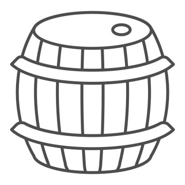 Meşe varili ince çizgi ikonu. Beyaz arka planda klasik ahşap şarap deposu çizimi. Mobil konsept ve web tasarımı için şarap ve üzüm suyu tabelaları. Vektör grafikleri.