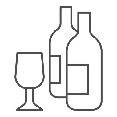 Şarap şişeleri ve cam ince çizgi ikonu. Beyaz arka planda iki alkollü içecek şişesi ve şarap bardağı taslağı. Mobil konsept ve web tasarımı için şaraphane tabelaları. Vektör grafikleri.