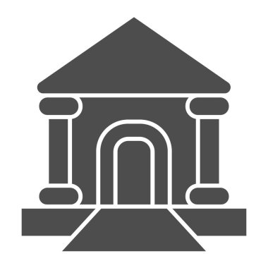 Mahkeme binası simgesi. Adalet mahkemesi ya da banka binası. Jurisprudence vektör tasarımı konsepti, beyaz arka planda glyph stili pictogram, web ve uygulama için kullan. Eps 10.