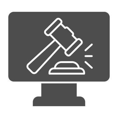 Çevrimiçi Mahkeme 'de sağlam bir simge. Adalet Bakanlığı devrede, çekiçle ya da açık artırmayla izleyin. Jurisprudence vektör tasarımı konsepti, beyaz arka planda glyph stili pictogram, web ve uygulama için kullan. Eps 10.