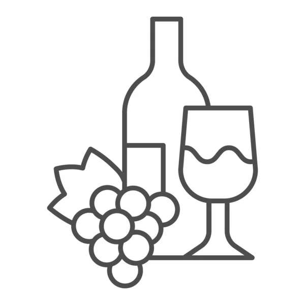 Bottle, glass of wine and bunch of grapes thin line icon. Wine with wineglass and grape outline style pictogram on white background. Winery signs for mobile concept and web design. Vector graphics. — Stock Vector