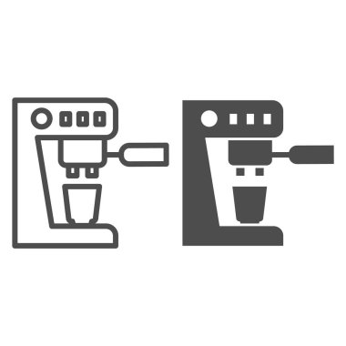 Kahve makinesi, bardak ve sağlam bir ikon. Sıcak içecek sembolü yapmak için mutfak gereçleri, beyaz arka planda ana hatlı resim. Mobil konsept için kafein ya da kafe tabelası, web tasarımı. Vektör grafikleri.