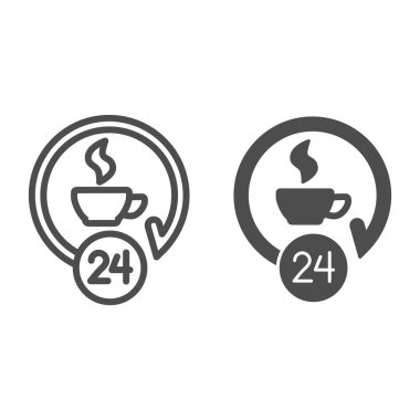 Saat çizgisinde kahve fincanı ve sağlam bir ikon. Hafif sıcak içecek ve servis sembolü, beyaz arka planda ana hatlı resim. Mobil konsept için kafein ya da kafe tabelası, web tasarımı. Vektör grafikleri.