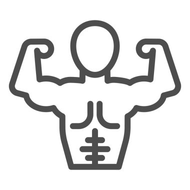 Kaslı adam çizgisi ve sağlam bir ikon. Kas sembollü vücut geliştirici fitness modeli, beyaz arka planda taslak stil piktogram. Mobil konsept ve web tasarımı için sağlıklı yaşam tarzı işareti. Vektör grafikleri.