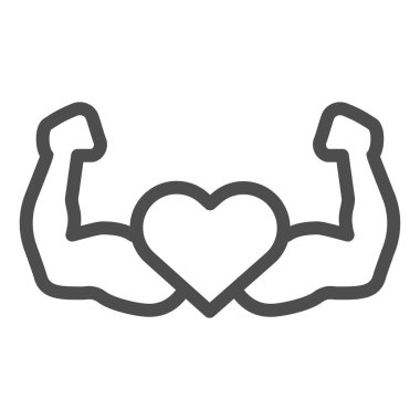 Güçlü atlet çizgisi ve sağlam bir ikon. Kas sembollü kalp, beyaz arka planda ana hatlı resim. Mobil konsept için sağlıklı yaşam tarzı ya da form işareti, web tasarımı. Vektör grafikleri.