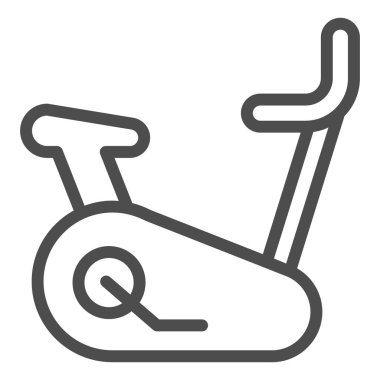 Egzersiz bisikleti çizgisi ve sağlam bir ikon. Sabit fitness döngüsü sembolü, beyaz arkaplanda ana hatlı resim çizimi. Sağlıklı yaşam tarzı ya da mobil konsept ve web tasarımı için spor işareti. Vektör grafikleri.