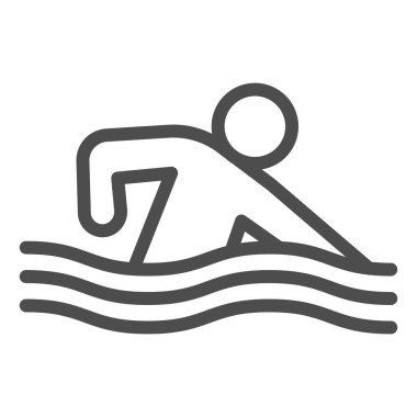 Yüzme havuzu, deniz hattı ve sağlam bir ikon. Sporcu dalga sembolü ile suda yüzer, beyaz zemin üzerinde ana hatlı resim çizer. Mobil konsept için sağlıklı yaşam tarzı işareti, web tasarımı. Vektör grafikleri.