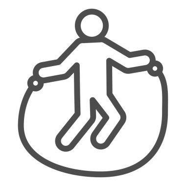 İp atlama egzersizi ve sağlam bir ikon. Sporcu eğitimi, ip atlama sembolü, beyaz arka planda ana hatlı resim. Mobil konsept ya da web tasarımı için sağlıklı yaşam tarzı işareti. Vektör grafikleri.
