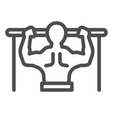 Yatay çizgi, atlet çizgisi ve sağlam bir ikon. Barfiks sembolü yapan sporcu, beyaz arka planda ana hatlı resim çizimi. Mobil konsept ve web tasarımı için sağlıklı yaşam tarzı işareti. Vektör grafikleri.