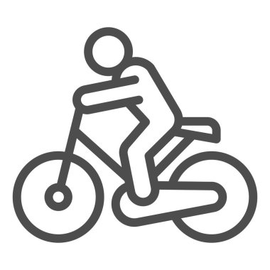 Bisikletçi çizgisi ve sağlam bir ikon. Bisiklet egzersizi, sporcu ve bisiklet sembolü, beyaz arka planda ana hatlı resim. Sağlıklı yaşam tarzı ya da mobil konsept ve web tasarımı için spor işareti. Vektör grafikleri.
