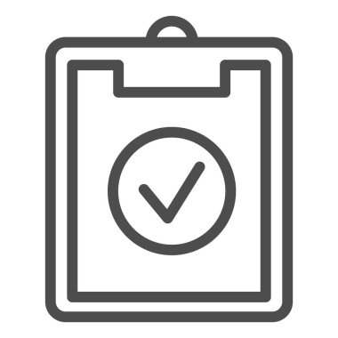 Eğitim planı çizgisi ve sağlam bir ikon. Onaylanmış işaret sembolü olan program çizelgesi ya da spor programı tahtası, beyaz arkaplanda ana hatlı resim çizimi. Mobil konsept için fitness işareti, web tasarımı. Vektör grafikleri.