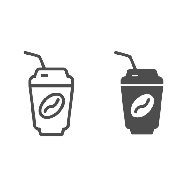 Coffee Cup line and solid icon. Кружка горячего напитка с крышкой и символом бобов, очертания стиль пиктограммы на белом фоне. Кафе или вывеска кафе для мобильной концепции, веб-дизайна. Векторная графика . — стоковый вектор