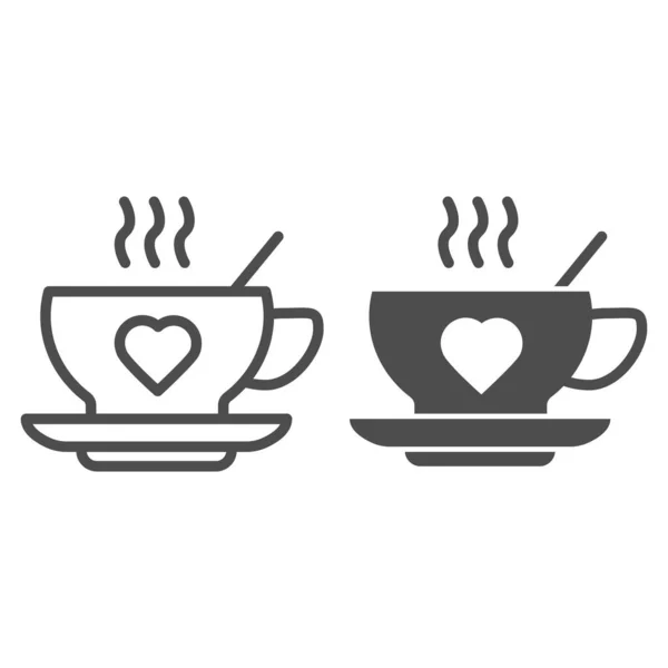 Copa de bebida caliente y línea de corazón e icono sólido. Taza con forma de amor en el símbolo del platillo, pictograma estilo contorno sobre fondo blanco. Señal de café o café para concepto móvil y diseño web. Gráficos vectoriales . — Archivo Imágenes Vectoriales