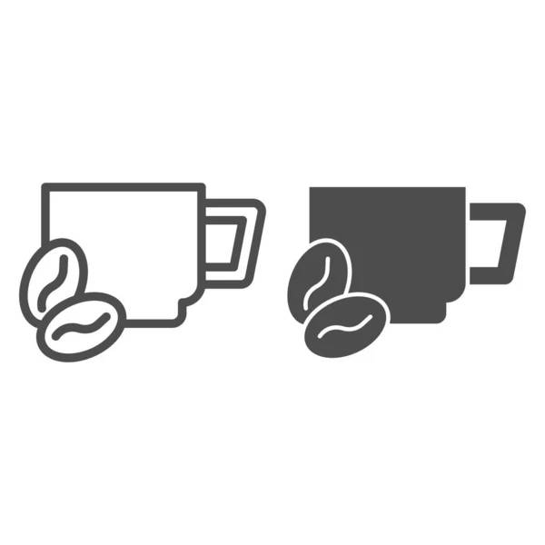 Tasse und Kakaobohnen Linie und solides Symbol. Becher Heißgetränk mit Kaffeekörner-Symbol, Umrisspiktogramm auf weißem Hintergrund. Koffein oder Café-Zeichen für mobiles Konzept, Webdesign. Vektorgrafik. — Stockvektor
