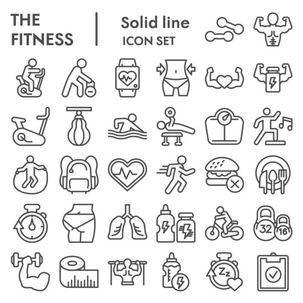 Conjunto de ícones de linha de fitness. Cuidados de saúde e coleta de sinais esportivos, esboços, ilustrações do logotipo, símbolos da web, esboço estilo pictogramas pacote isolado no fundo branco. Gráficos vetoriais . —  Vetores de Stock