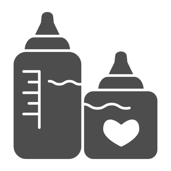 乳首の固体アイコンを持つボトル。白を背景にミルクグリフスタイルのピクトグラムと新生児のための2つのプラスチック供給ボトル。モバイルコンセプトとウェブデザインのための成熟した兆候。ベクトルグラフィックス. — ストックベクタ
