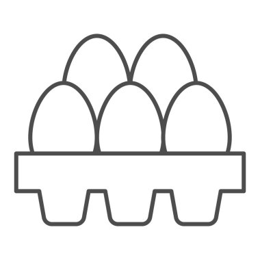 Taze yumurta ambalajı ince çizgi ikonu. Beyaz arka planda karton pakette beş yumurta ana hatlı resim çizimi. Mobil konsept ve web tasarımı için karton tepside tavuk yumurtası. Vektör grafikleri.