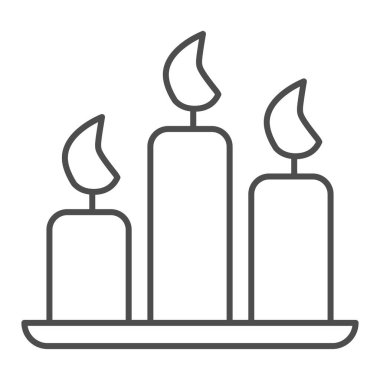 Kilise mumları ince çizgi ikonu. Beyaz arka planda yanan üç mum ana hatlı resim. Mobil konsept ve web tasarımı için kilisede geleneksel Paskalya mum ışığı. Vektör grafikleri.