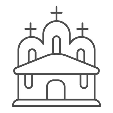Kilise ince çizgi ikonu. İnanç Evi beyaz arka planda resim çizimi tarzında. Paskalya Bayramı Hristiyan binası taşınabilir konsept ve web tasarımı için. Vektör grafikleri.