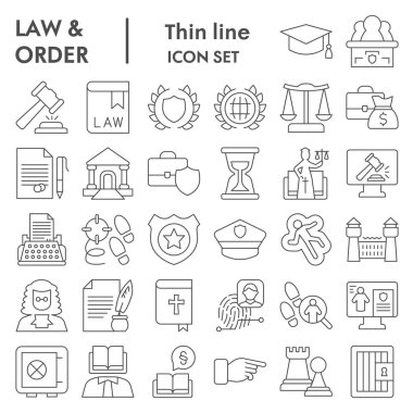 Yargı sistemi ince çizgi simgesi seti, hukuk ve düzen koleksiyonu, vektör çizimleri, logo çizimleri, web sembolleri, beyaz arkaplanda izole edilmiş biçimdeki piktogram paketleri, 10.