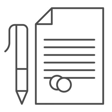 Kalem ve pul ince çizgi simgesi içeren belge. Damgalı anlaşma sözleşmesi. Jurisprrudence vektör tasarımı konsepti, beyaz arka planda ana hatlı pictogram, web ve uygulama için kullan. Eps 10.