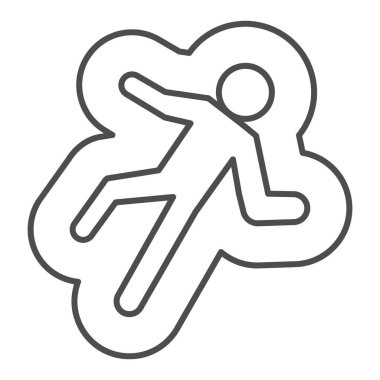 Ölü adam ince çizgi ikonu. Olay yeri inceleme, yerde yatan ceset. Jurisprrudence vektör tasarımı konsepti, beyaz arka planda ana hatlı pictogram, web ve uygulama için kullan. Eps 10.